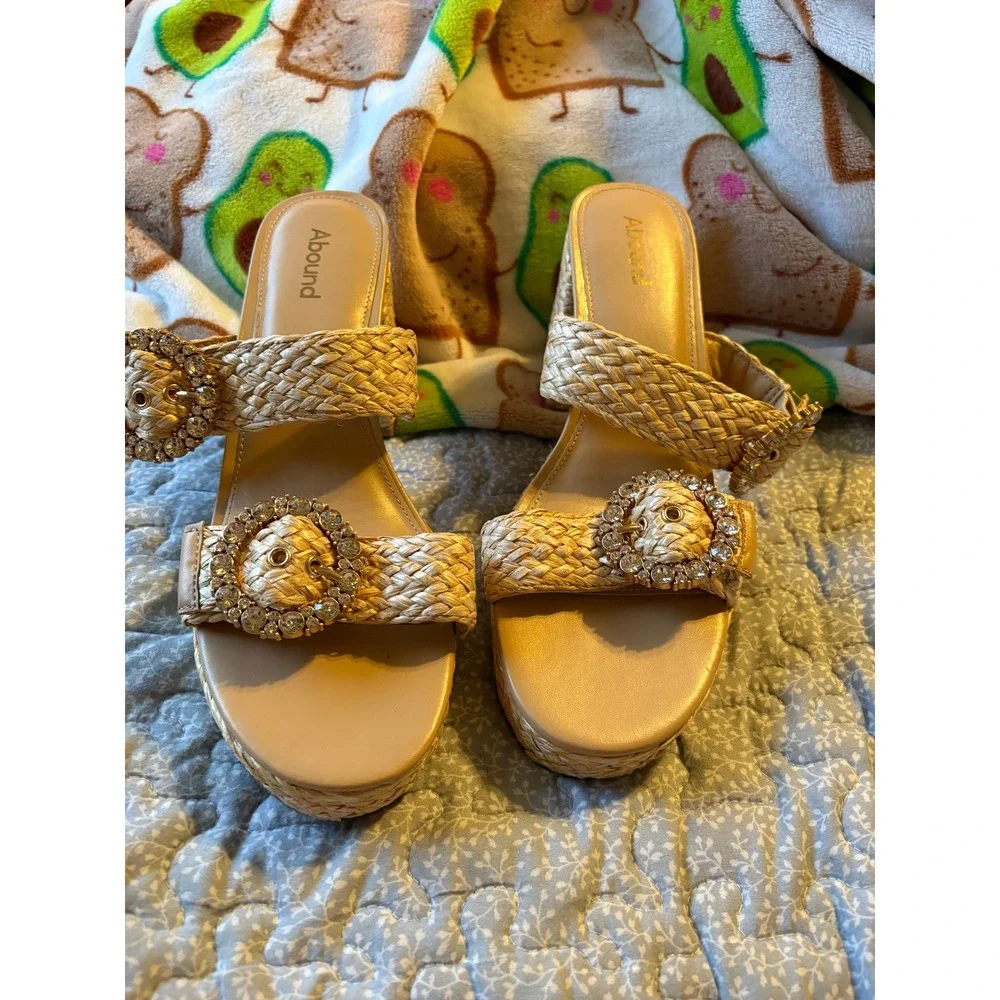 Abound Ronda Natural Raffia Crystal Buckle Platform Block Heel Sandals Womens 10